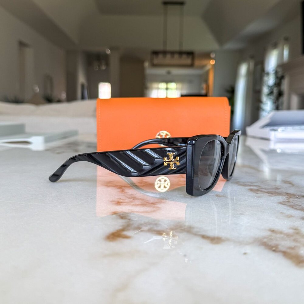 NEW Tory Burch Kira Quilted Geometric Sunglasses Black Gold — TY7189U - Picture 7 of 14